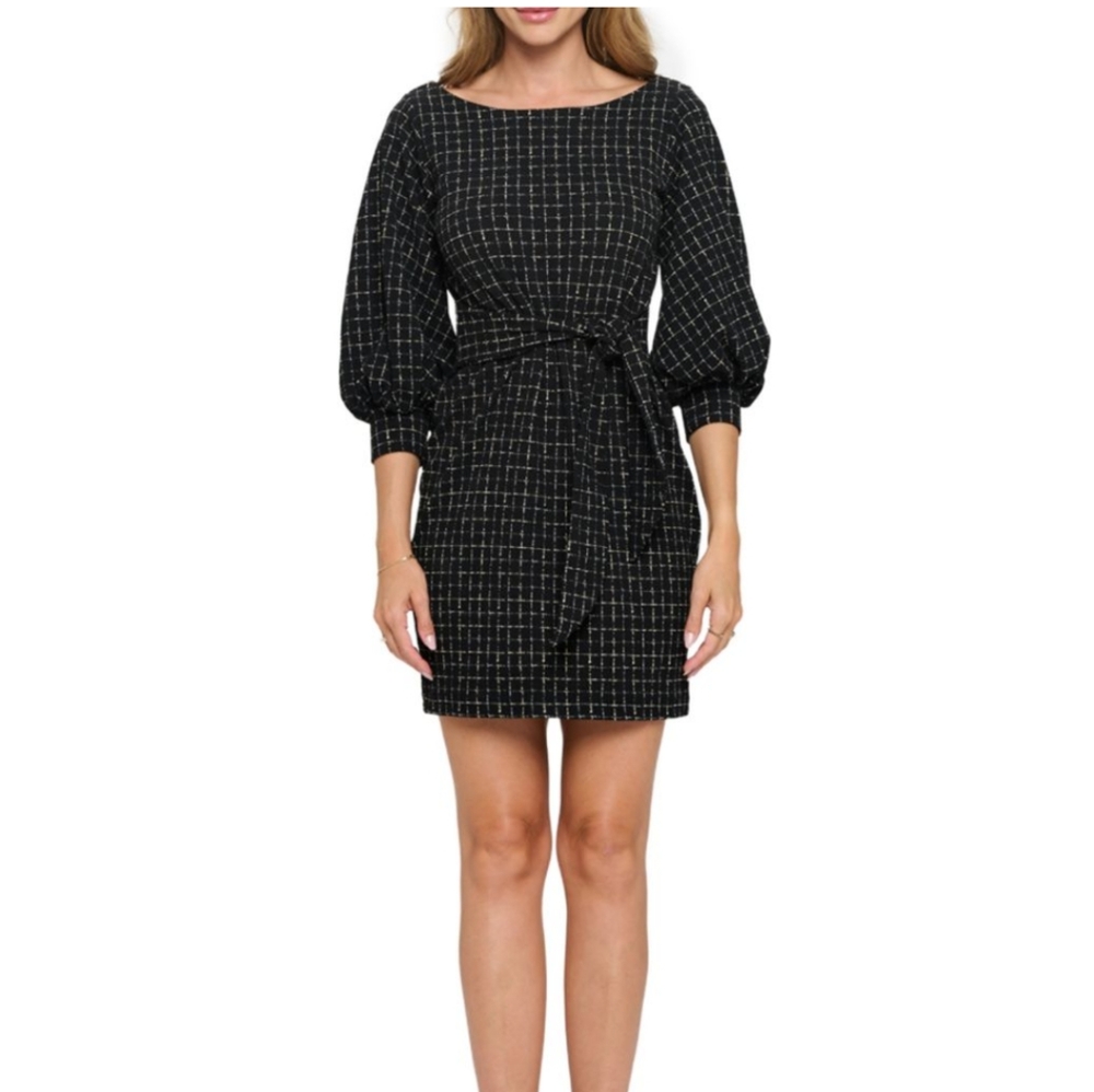 RENEE C. Women's Size Large Black & White Checked Belted Mini Dress MSRP $158.00